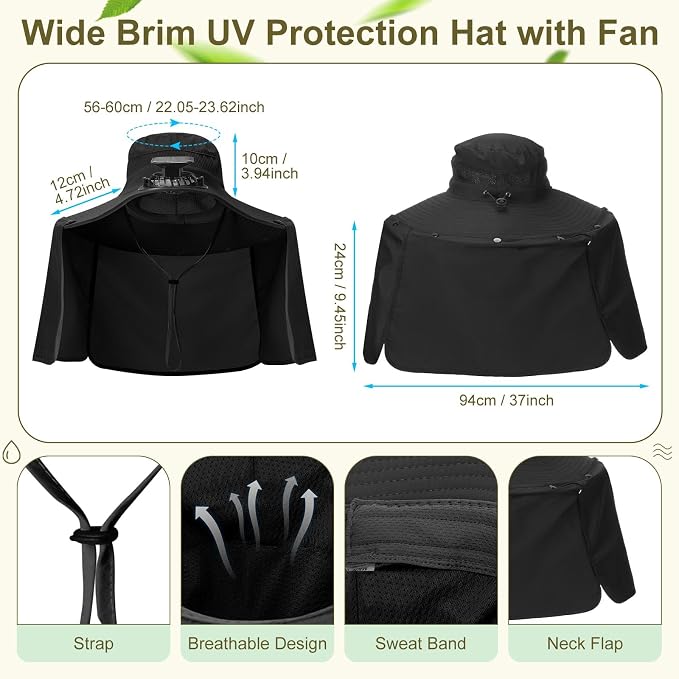Maiteenly 2 Pcs Solar Fan Hat for Men with Neck Flap Bucket Fan Buit in Hats for Hiking Fishing Outdoor USB and Solar Powered