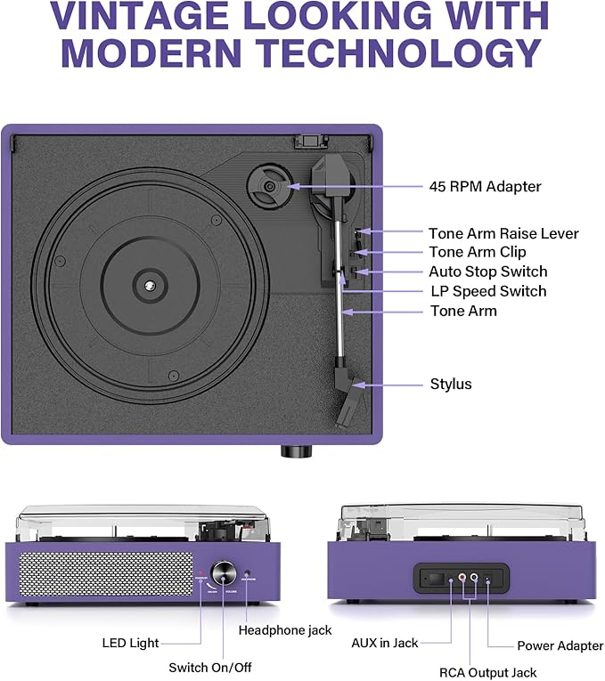 cotsoco Vinyl Record Player Bluetooth,Belt-Drive Turntable with Stereo Speakers Vintage Phonograph Vinyl Record Player 3 Speed 3 Size for Home Decoration,Aubergine