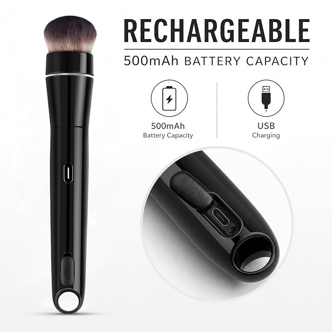 360° Rechargeable Rotating Makeup Brush Set, 5 Vegan Brush Heads, Electric Blending Face Brushes For Foundation, Blush, Powder, Bronzer, Contour, Highlight & Airbrush Finish, Flat Kabuki Brush