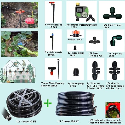 160Ft Drip Irrigation System for Garden with Water Timer, Main Water Hose ID 1/2inch 32Ft, 1/4in 131Ft, Sufficient Water Pressure, Irrigation Dripper Waterflow Evenly, Easy DIY Garden Watering System