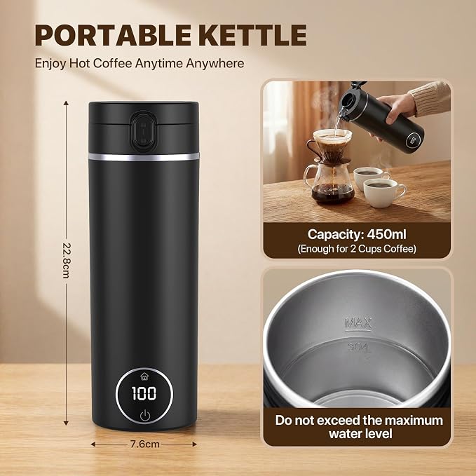 Portable Travel Electric Tea Kettle,6 Preset Temp Plug-in Keep Warm,15 OZ Small Hot Water Boiler,304 Stainless Steel,Auto Shutoff&Boil Dry Protection,Termo Electrico Portatil Black for RV Travel