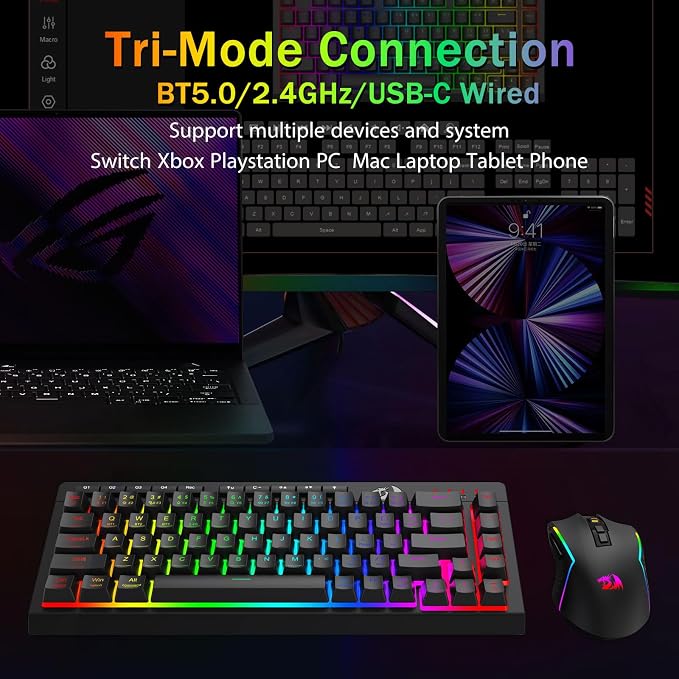 Redragon Wireless Gaming Keyboard, Bluetooth/2.4GHz/USB-C Wired, RGB Backlit, Portable 60% Mini Quiet Macro Membrane Keyboard, Rechargeable 4000mAh Battery, Anti-Ghosting for Win/MAC