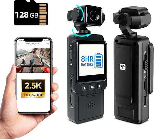2.5K Body Cameras with Audio and Video Recording, Handheld Pocket Camera with WiFi, Night Vision, 8HR Battery, Mini Vlogging Camera for Travel, Sports, Work Records, Covert Recording. (128G)