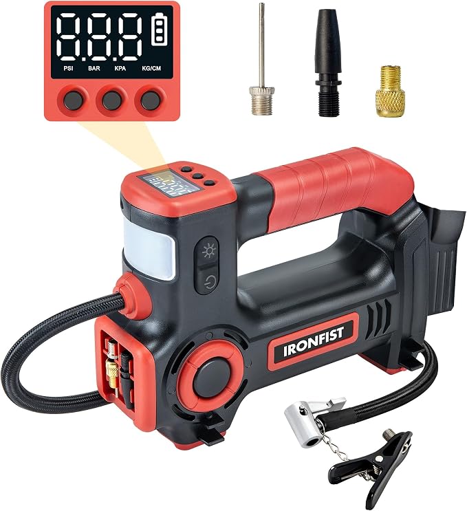 IRONFIST Tire Inflator Compatible with MILWAUKEE M18 Battery, Portable Air Compressor with Warning Light & Start Protection for Cars, Motorcycle, Bicycles, Balls (BATTERY NOT INCLUDED)
