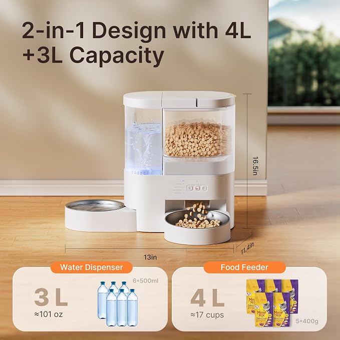 Automatic Cat Food & Water Dispenser with Extra 6 Pcs Replacement Desiccant Bag