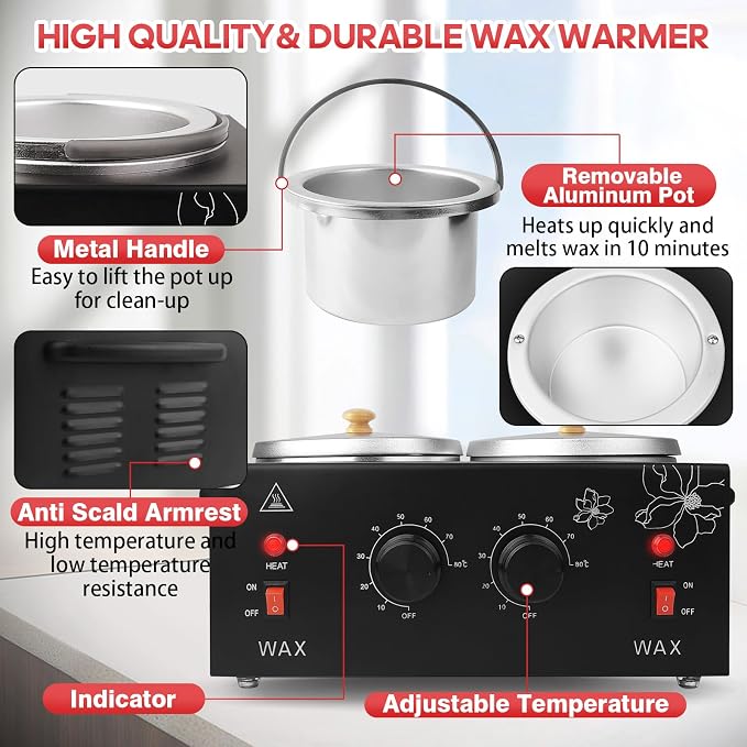 Wax Warmer for Hair Removal, Professional Waxing Heater Pot with Adjustable Temperature for Women Men, with 20 Wooden Wax Sticks (Black-Double Pots)