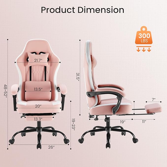 DUMOS Gaming Chair with Linkage Armrests, Video Game Chairs with Pocket Spring Cushion, Ergonomic Computer Silla Gamer Office Desk Chair with Footrest for Adults & Students, Pink