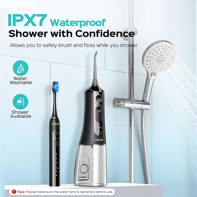 COSLUS C51C30 Electric Toothbrush with Water Flosser Combo: Portable Oral Clean Kit for Teeth Brushing & Flossing, Multiple Modes for Multiple Users, Cordless for Home & Travel Use, Black