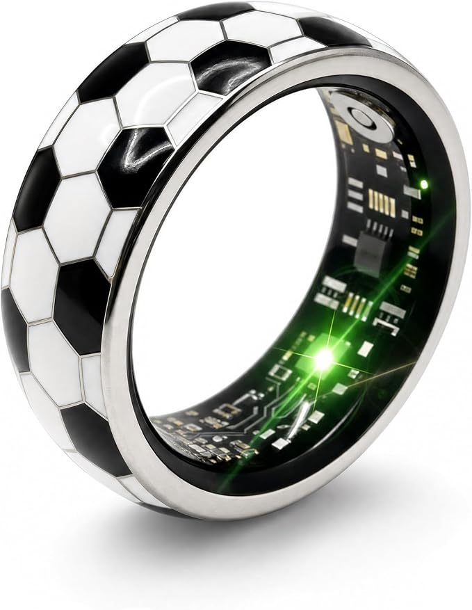 Smart Ring for Women & Men, Soccer Inspired Design, Fitness & Vital Signs Monitoring, Sleep Tracker, Remote Photography, No Subscription(Black,7#)