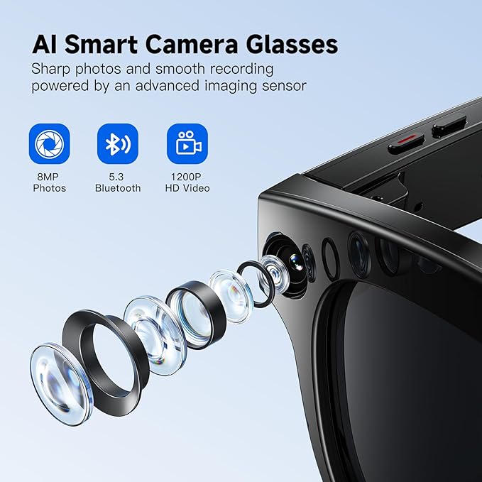 AI Smart Glasses with Camera, 4K Video Recording Glasses & 8MP Photo Capture, Open-Ear Bluetooth Audio Sunglasses, Real-Time Voice Translation, AI Assistant & Object Recognition for Travel Vlog