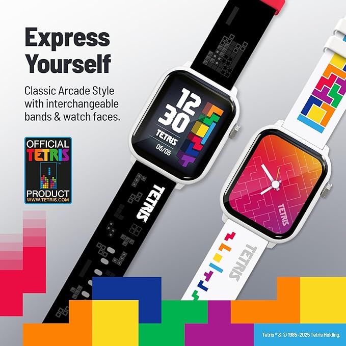 Tetris®: My Play Watch – Retro Gaming Smart Watch, No Wi-Fi or Bluetooth, Built-in Tetris®, Custom Watch Faces, Classic Arcade Sound, Heart Rate Monitor, IP67 Water Resistant.