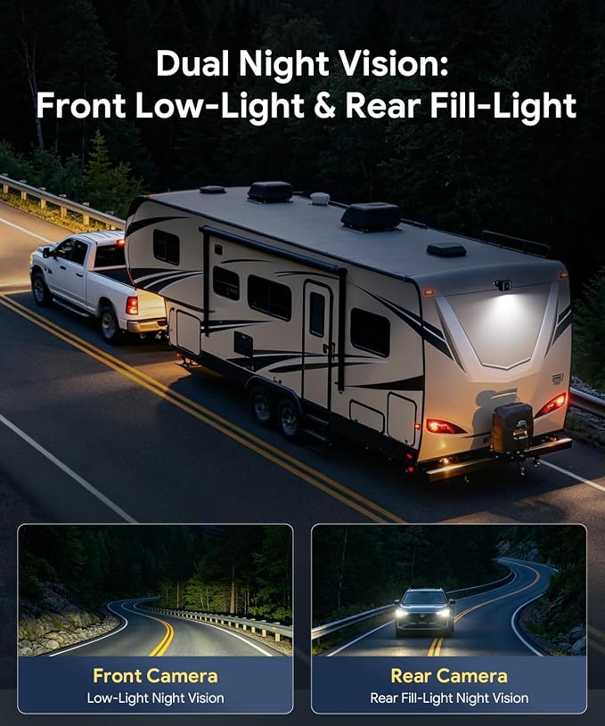 RV Backup Camera System with Front & Rear View Camera, 7'' Split Screen for RV Truck Trailer Camper, 1080P HD DVR Loop Recording, Plug & Play, Night Vision, IP69 Waterproof, Wide Angle, 32GB SD Card