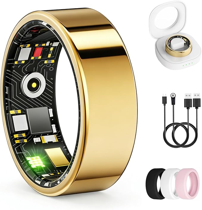Smart Ring for Women & Men, Health Tracker Ring with Heart Rate, SpO2, Blood Pressure,Temperature, HRV & Stress, IP68 Waterproof Fitness Ring, Sleep Tracker for iPhone & Android, No App Fee(Gold, 7#)