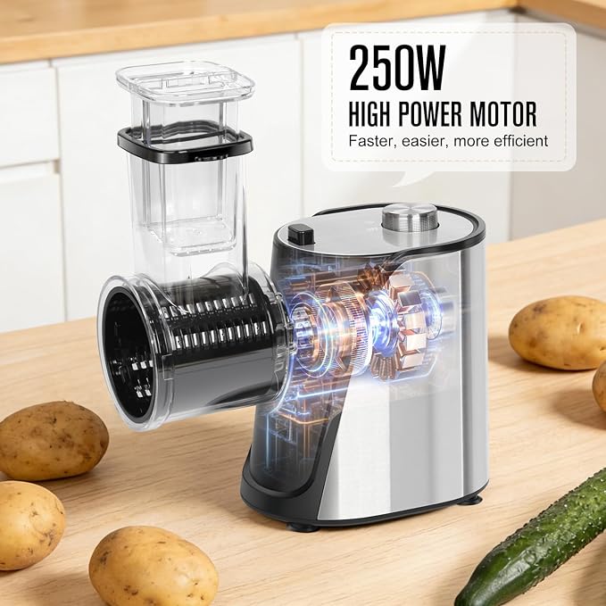 5-in-1 Electric Vegetables Chopper, 250W Cheese Grater Salad Shooter with 5 Different Blades, Kitchen Food Processor Cutter Slicer for Carrots, Potatoes, Nuts, Crackers, Salad Prep