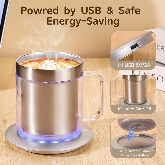 12oz Self Heating Coffee Mug, Electric Heated Coffee Cup with USB Charging Base, Temperature Control Stainless Steel Mug Warmer Set for Desk and Office (Silver Classic-12oz)