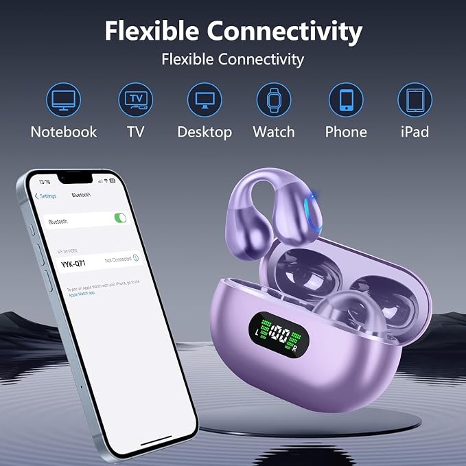 Open Ear Bone Conduction Headphones, Bluetooth Lightweight Clip On Earbuds Comfort with Digital Display Charging Case Sport Earphones Built-in Mic IPX7 Waterproof for Running Fitness Exercise, Purple