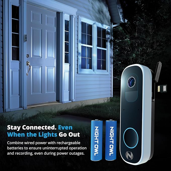 Night Owl 2K Wi-Fi Smart Dual-Powered Video Doorbell with Chime - Black