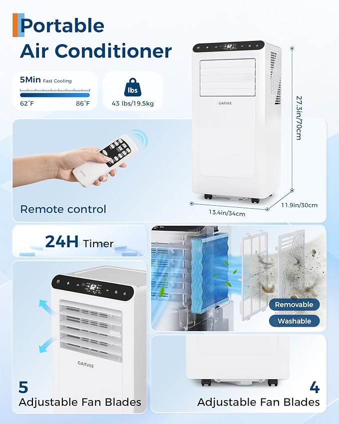 Garvee 10000BTUs Portable Air Conditioner for 450 Sq.Ft Max.Portable AC Unitwith Dehumidifier, Fan, Sleep, 24H Timer&Installation Kit, DOE Certified, Ceer 6.6,48dB,Remote Control,White