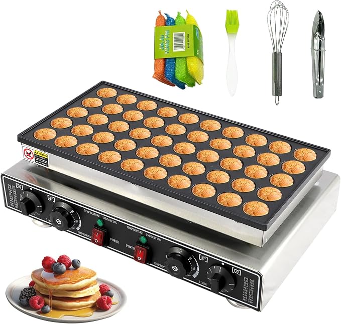 Commercial 50-Piece Mini Dutch Pancake Maker, 1800W Electric Non-Stick Griddle, Adjustable Temp & Timer, Even Heating, Stainless Steel, with Lid, Ideal for Poffertjes, Dorayaki, Restaurant & Home Use
