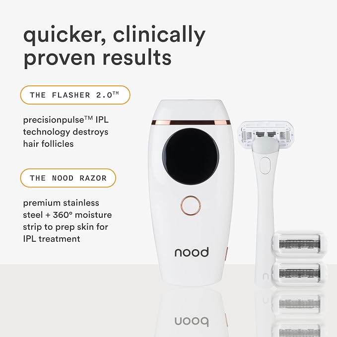 Nood™ NEW Flasher 2.0 + Shaving Starter Kit — IPL Laser Hair Removal Device for Women & Men with Refillable 5-Blade Razors — Pain-Free, Works Wherever Hair Grows — Gloss White