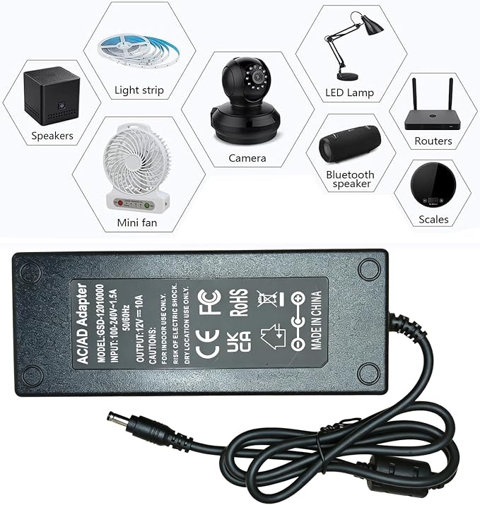 12V 10A AC to DC Adapter for 5050 3528 LED Strip Light Driver CCTV Cameras 3D Printer Security System LCD Monitor,12 Volts 10 Amps Power Transformer 5.5x2.5mm&5.5x2.1mm Pump Desktop AC to DC Converter