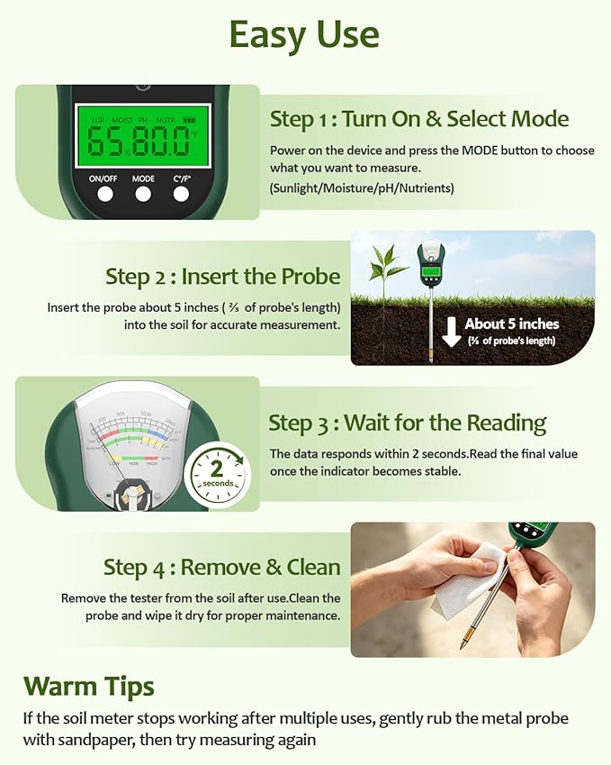 7-in-1 Soil Test Kit, Soil Moisture Meter/pH Meter/Light Intensity/Fertility/Air & Soil Hygrometer Temperature with Large Dual Display for Garden,Lawn, Farm, Indoor Outdoor Plants-OliveGreen