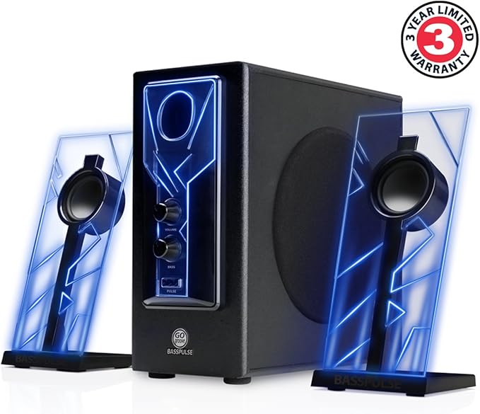 GOgroove BassPULSE 2.1 Computer Speakers with Blue LED Glow Lights and Powered Subwoofer - Gaming Speaker System for Music on Desktop, Laptop, PC with 40 Watts, Heavy Bass