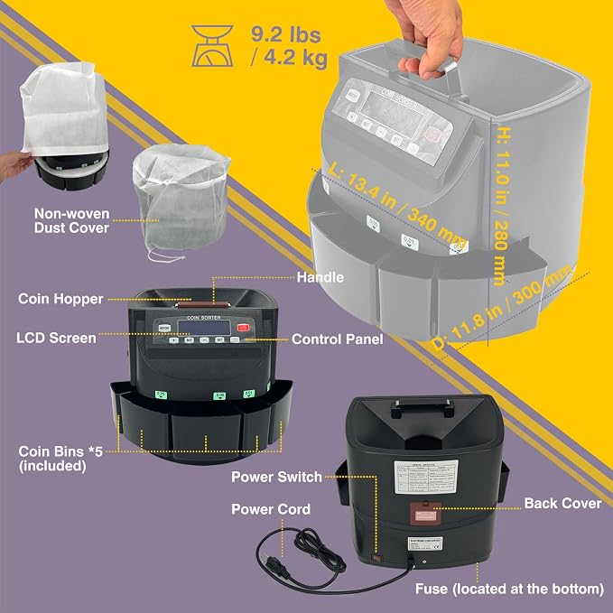 Professional USD Coin Counter and Sorter with LCD Display,Coin Sorter Machine for USD Coin 1￠5￠10￠25￠$1, 2000-coin Capacity,300 Coins/min,Automatic Change Counter,5 Bins,5 Tubes (+96 Wrappers+Cover)