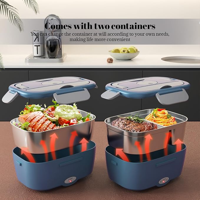 Sitlais Electric Lunch Box for Adults - Fast Heating Portable Food Warmer with 2 of 53oz 304 Stainless Steel Containers 12V/24V/110V Heated Lunch Box for Men&Women Work Office Truck Travel lonchera