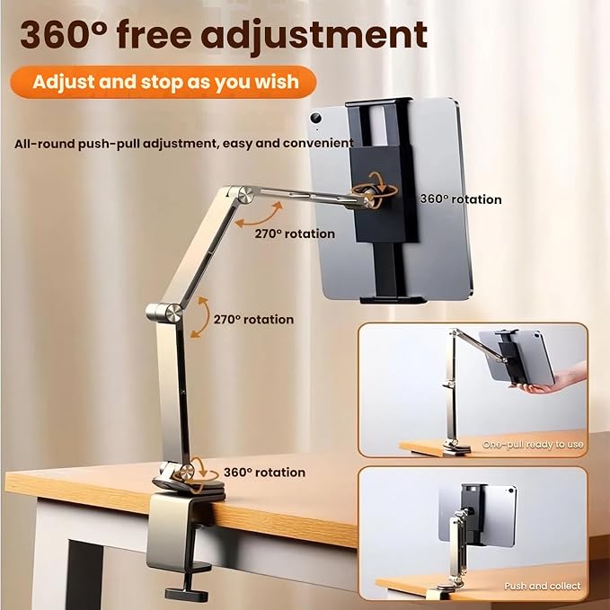 Adjustable Phone Tablet Mount,Ergonomic Multi Joint Stand with Sturdy Desk Clamp, 360° Rotatable & Height Compatible with Devices for Home,Office,Studio(Gray)
