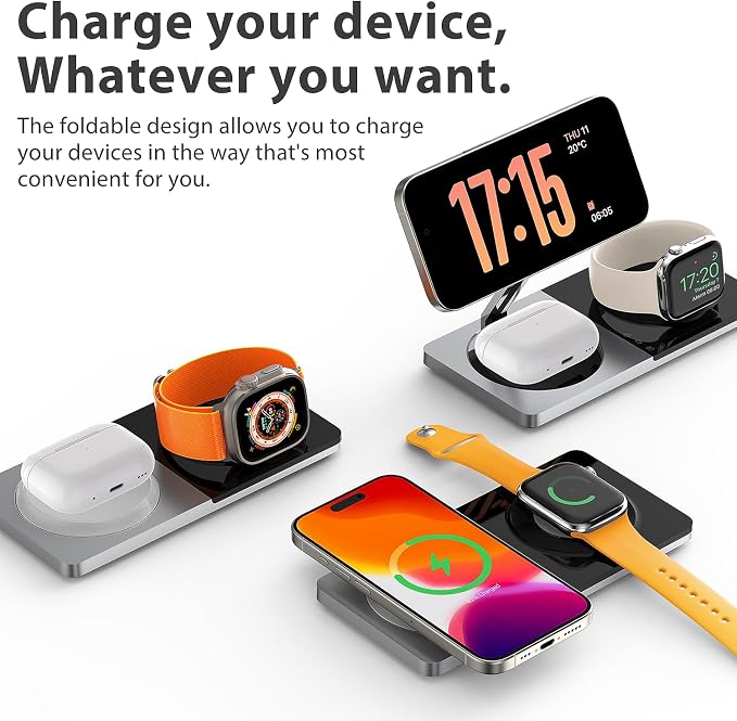 PETINO 3 in 1 Wireless Charging Station for Apple Devices with MagSafe | For iPhone 17/Air/16/15/14/13/12, AirPods & Apple Watch, Foldable Portable Aluminum Charging Stand, Adapter Included