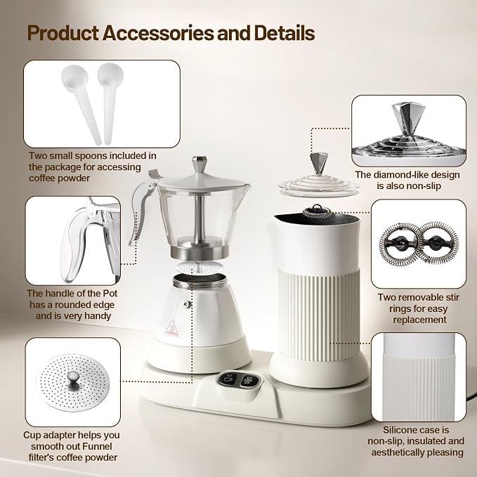 Electric Espresso Machine with Milk Frother 2 in 1 Efficient Moka Pot Coffee Maker with Milkfroth Aluminum One-Touch Operation for Effortless Cappuccinos Lattes Macchiatos White