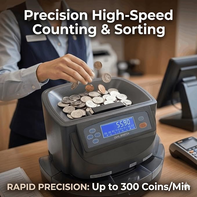 Coin Counter, 300 Coins/Minute, 500 Coins Large Capacity, Electric Coin Sorter with Digital Counting Display for Office Store Restaurant Retail Superstore Pharmacy