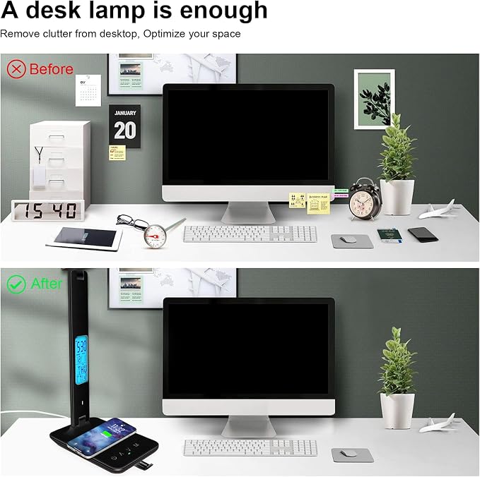 snsok Desk Light with Wireless Charger, USB Charging Port, Dimmable Office Desk Lamp with Clock, Alarm, Date, Temperature, Foldable Lamp for Table Bedroom Bedside Office
