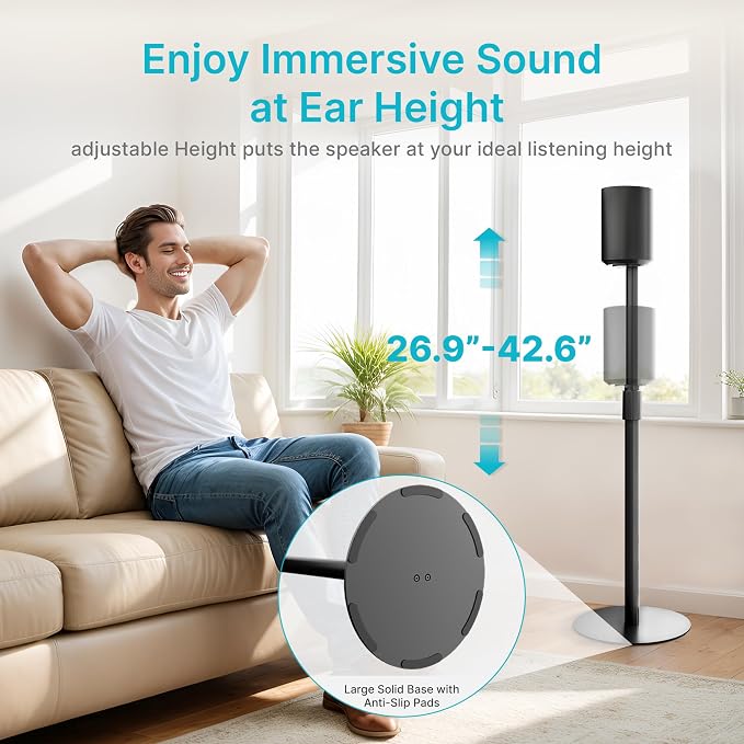 PEGZONE Speaker Stand Compatible with SONOS Era 300 and Era 100, Height Adjustable up to 42.6'', Floor Stand with Cable Management, Speaker Mount, Black, 1 Pack