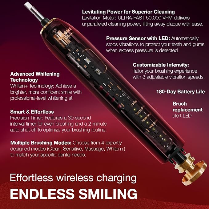 Wagner Stern IntelliBrush Series Whitening Electric Toothbrush with Pressure Sensor. Offers 4 Brushing Modes, 3 intensities, 8 Soft Brush Heads, and a Luxury Travel case.