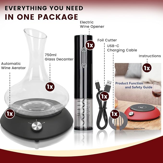 5-in-1 Automatic Electric Wine Decanter Set ，Black Rotation Aerator Base with Glass Carafe, Electric Wine Opener with Foil Cutter, Wine Gifts & Accessories for Wine Lovers and Women