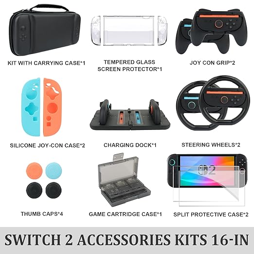 Switch 2 Accessories - 16 in 1 Family Accessory Bundle Kit for Nintendo Switch Carrying Case&Tempered Glass Protector,Joy Con Charger, Gaming Steering Wheels, Grips and More