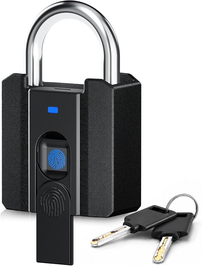 Smart Fingerprint Padlock with Key Backup, Stores 20 Prints, IPX5 Waterproof, Keyless Lock with CR2032 Battery for Gym Locker, Gate, Fence & Shed (Black)
