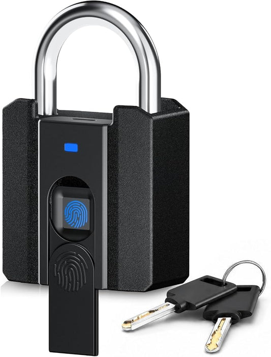 Smart Fingerprint Padlock with Key Backup, Stores 20 Prints, IPX5 Waterproof, Keyless Lock with CR2032 Battery for Gym Locker, Gate, Fence & Shed (Black)