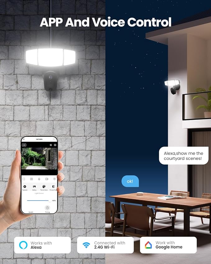 Olafus Floodlight Camera Outdoor – 2K QHD Security Cam with Motion-Activated Flood Lights, Custom Detection Zones, Color Night Vision, 2-Way Talk & 55W Dimmable Lighting Black