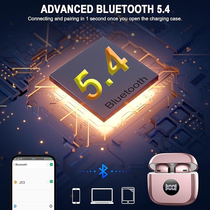Wireless Earbuds, 2026 Bluetooth Headphones 5.4 HiFi Stereo, in-Ear Ear buds with 4 ENC Noise Cancelling Mics, 40H Playtime Sport Ear Buds with Charging Case, IP7 Waterproof Earphones with LED Display