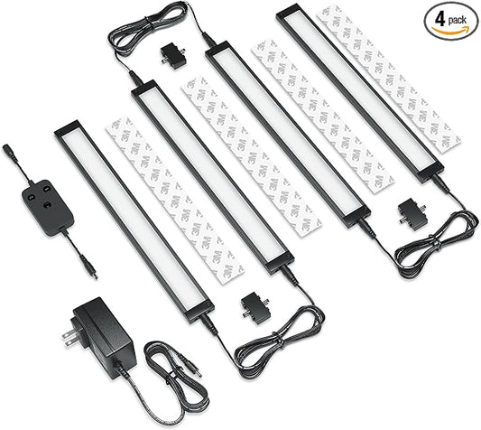 EShine 4 Pack 12 inch Black Smart Dimmable LED Under Cabinet Lighting Kit Compatible with Alexa, Google - Warm White (3000K)