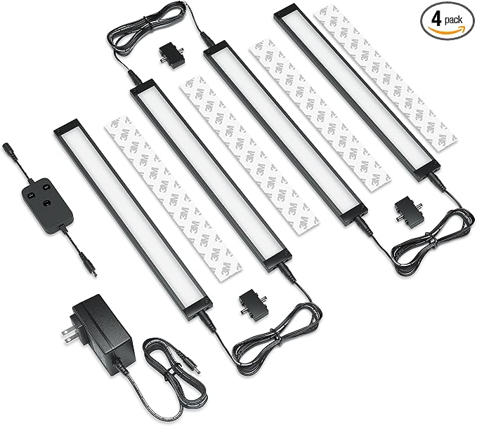 EShine 4 Pack 12 inch Black Smart Dimmable LED Under Cabinet Lighting Kit Compatible with Alexa, Google - Cool White (6000K)