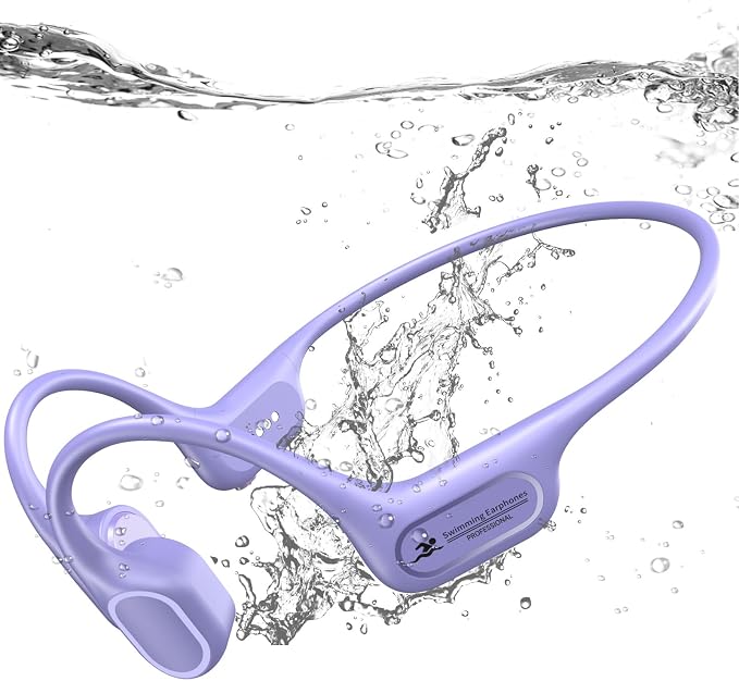 IP68 Waterproof Swimming Headphones, Bone Conduction Bluetooth 6.0 Headphones, Built-in 32GB MP3 Player, Soft Lightweight Open-Ear Design for Swimming Marathons Showers Cycling(Purple