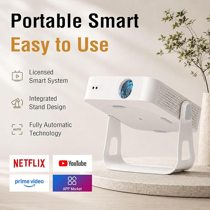 [Officially-Licensed App & Auto Focus]White Smart Mini Projector with WiFi and Bluetooth, XuanPad 4K Support Movie Projector, Portable Native 1080P Outdoor Projector with 360° Stand