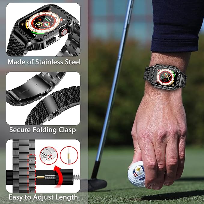 MioHHR Stainless Steel Band and Case Compatible with Apple Watch Band 45mm, Men Metal Protective Bumper Cover for iWatch Series 9/8/7, Black Pattern