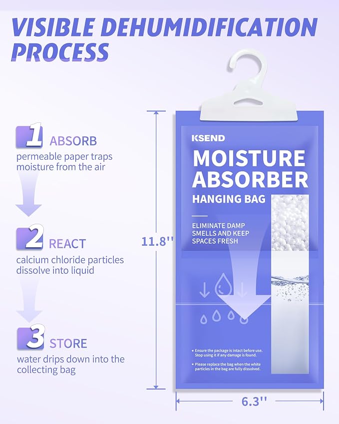 Ksend Moisture Absorbers 10 Pack, 9.8 Oz Compact Dehumidifier Bags & Packs, Moisture Hanging Bag, Humidity Absorbers, Closet Deodorizer Against Musty Odors, 11.8'' x 6.3''