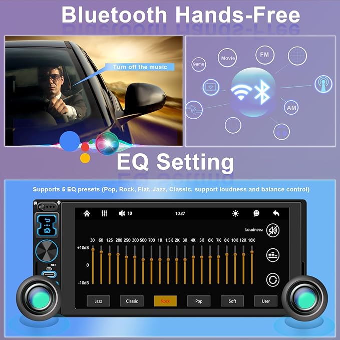 Single DIN Car Stereo Radio with Wireless Apple CarPlay & Android Auto, 6.9" IPS 1280x600 Touchscreen, Bluetooth 5.2, FM Radio, Backup Camera, 1 DIN Head Unit, 180W Subwoofer Out, Type-C Fast Charging