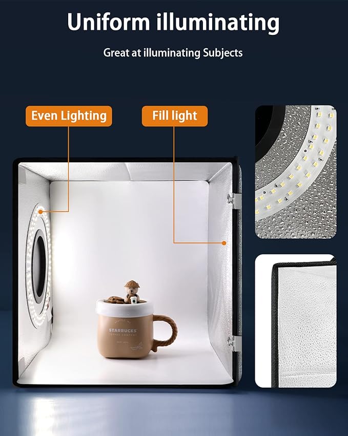 DUCLUS Light Box Photography, 12"x12" Photo Booth Box with 120 LED Lights Dimmable & CRI＞95, Portable Lightbox with 8 Backdrops for Mini Product Photography: Jewelry, Cards, Watches